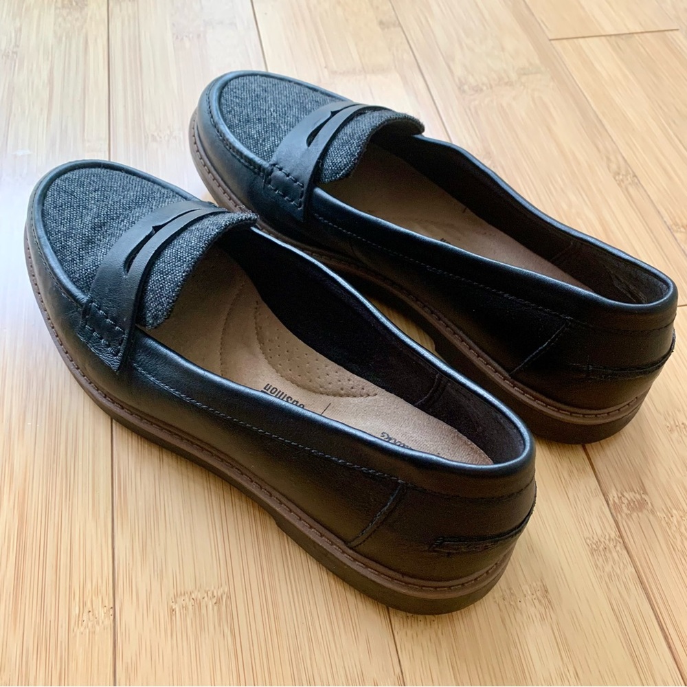 Like New! Clarks Raisie Eletta Black Leather & Gray Tweed Penny Loafer, Size 7 - Picture 12 of 14